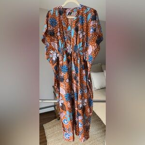 Echo Bold Maxi Floral Swim Coverup Brown with Blue and Cream Accents (size M)
